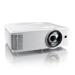 Short Throw Projector, in white, front three quarter view.