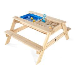 Wooden picnic table with water trough and sand pit 